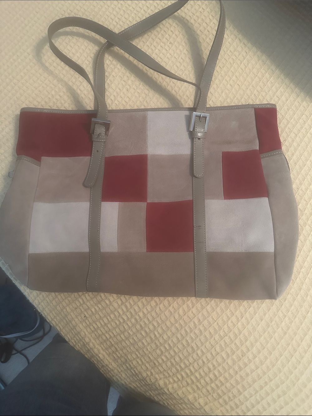 Pamela McCoy Patchwork Suede & Leather Tote in Red and Taupe